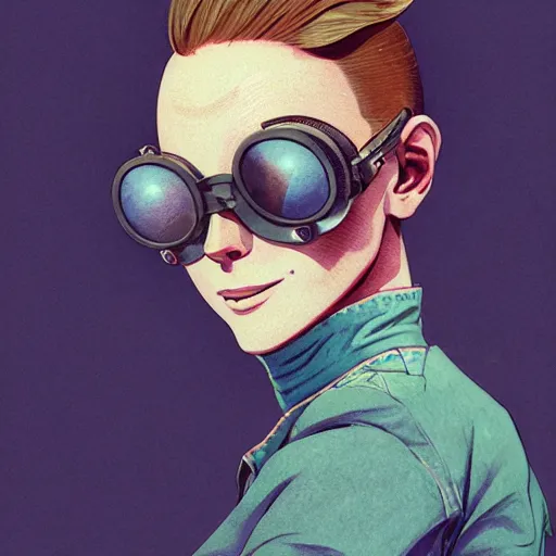 Image similar to tattooed stoic heroic emotionless butch blonde woman aviator with short slicked - back hair, wearing dark - lensed victorian goggles, wearing distressed dirty ripped flight suit, moebius, rough paper, behance hd by jesper ejsing, by rhads, makoto shinkai and lois van baarle, ilya kuvshinov, rossdraws global illumination.