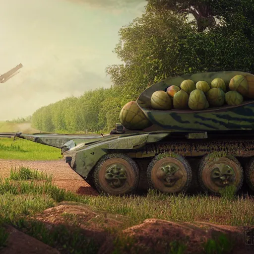 Prompt: Very very very very highly detailed Watermelon as military vehicle with epic weapons, on a battlefield in russian city as background. Photorealistic Concept 3D digital art in style of Caspar David Friedrich, super rendered in Octane Render, epic RTX dimensional light