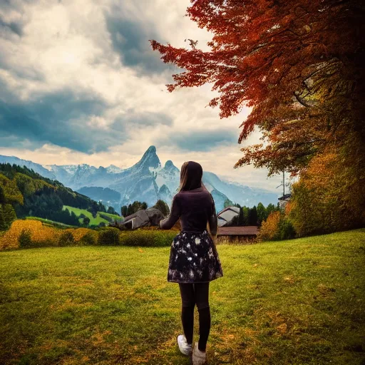 Image similar to a beautiful photograph of a girl with switzerland landscape in the background with trees, hdr, 8 k, high quality, sharp focus, artstation, highly detailed, award - winning, dramatic lighting, beautiful clouds, and nature