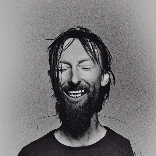 Image similar to Smiling Thom Yorke, with a beard and a black jacket, a portrait by John E. Berninger, dribble, neo-expressionism, uhd image, studio portrait, 1990s