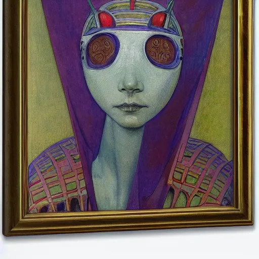 Image similar to the robot queen wearing her bird mask, by annie swynnerton and diego rivera and elihu vedder and jean delville, symbolist, dramatic lighting, elaborate geometric ornament, head and shoulders view, art brut, soft cool colors, smooth, sharp focus, extremely detailed, adolf wolfli, leo and diane dillon, nicholas roerich