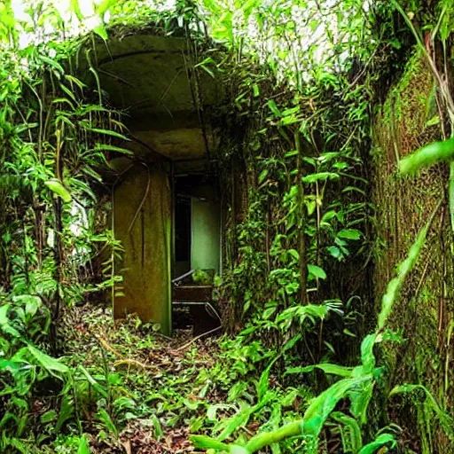 Prompt: abandoned, overgrown, underground bunker. jungle room.