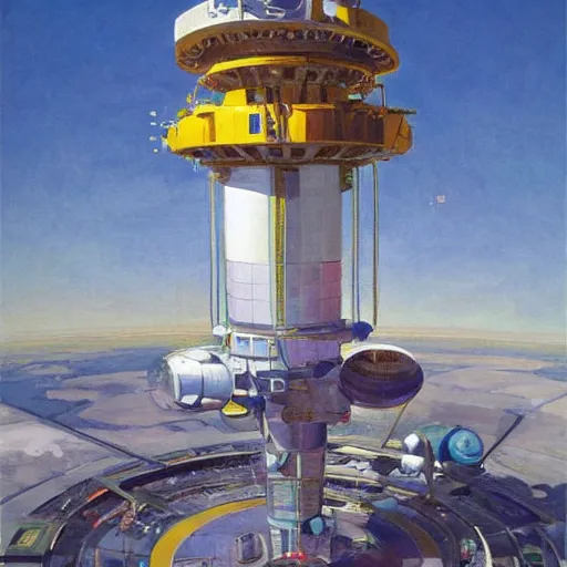 Image similar to a highly detailed beautiful portrait of circular space station with elevator connected to earth, by gregory manchess, james gurney, james jean