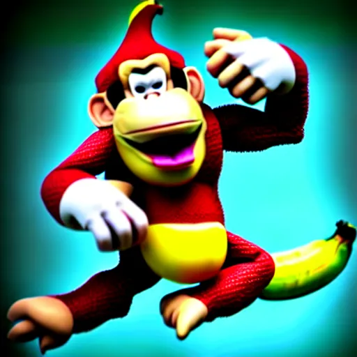 Prompt: Donkey Kong slipping on a banana, 3D render