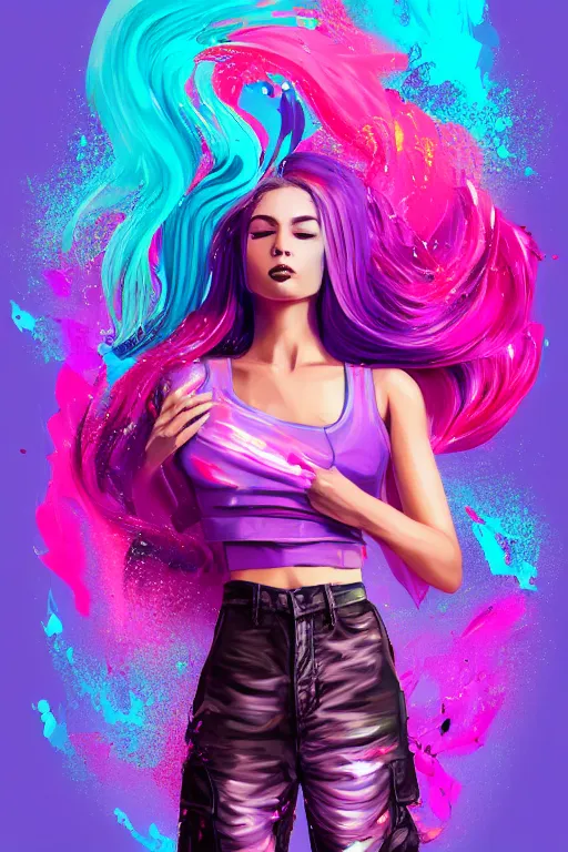 Image similar to a award winning half body porttrait of a beautiful woman in a croptop and cargo pants with ombre purple pink teal hairstyle with head in motion and hair flying, paint splashes, splatter, outrun, vaporware, shaded flat illustration, digital art, trending on artstation, highly detailed, fine detail, intricate