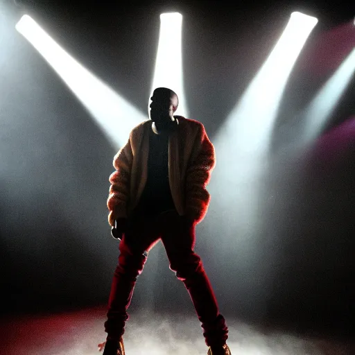 Image similar to photograph of kanye west performing, night time, backlighting, 8 k