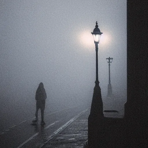 Prompt: a night city scene of edinburgh, scattered low fog, street lights, sole person, by david burton