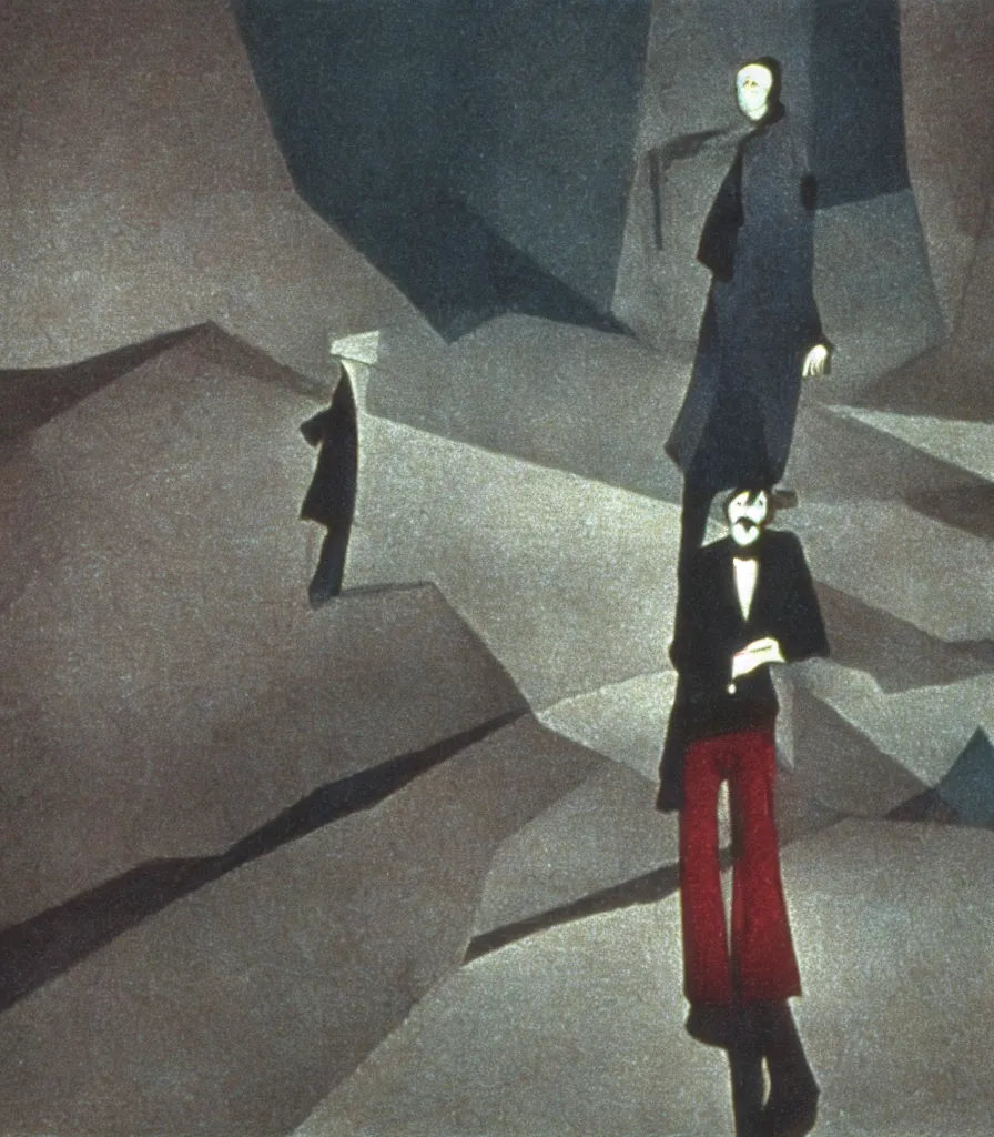 Prompt: high quality high definition colorized movie still from Cabinet of Doctor Caligari: a lonely ghost walking alone at night in the woods, high quality silent movie, iridescent color palette