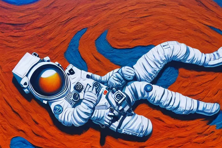 Image similar to an astronaut laying on mars in the style of flooko, acrylic art, detailed, moonlight