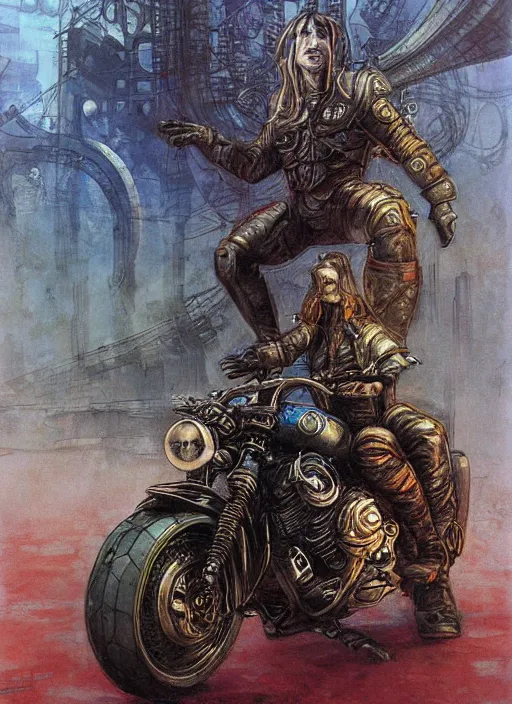 Image similar to portrait of sci - fi biker, cityscape background, beautiful! coherent! by brom, by brian froud, deep color, strong line, high contrast