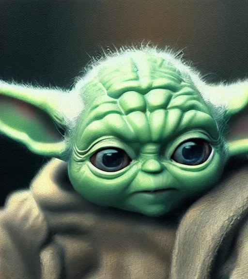 Image similar to a closeup portrait of Baby Yoda by Craig Mullins; extraordinary-masterpiece; realistic-lighting; anatomically-correct; 90mm; f/1.4