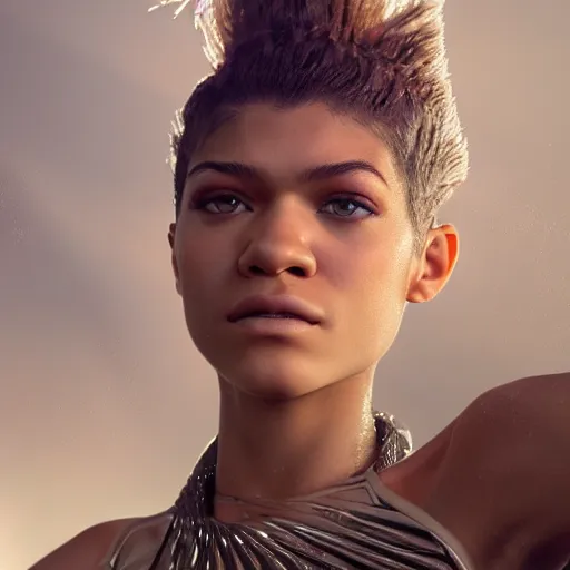 Image similar to hyperrealistic mixed media high resolution image of zendaya, sweating, stunning 3 d render inspired art by jamie salmon and istvan sandorfi and unreal engine and greg rutkowski, dim volumetric lighting, 8 k octane beautifully detailed render, post - processing, extremely hyper - detailed, intricate, highly detailed attributes, cinematic lighting