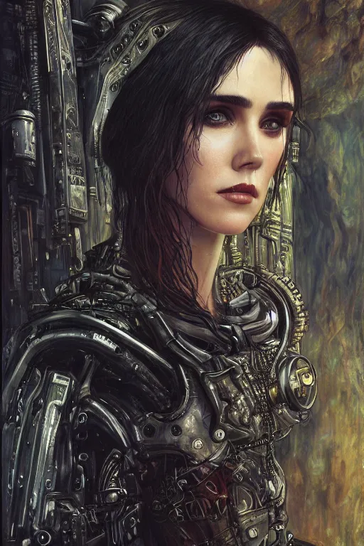 Image similar to portrait of beautiful gothic Jennifer Connelly, cyberpunk, Warhammer, highly detailed, artstation, illustration, art by Gustav Klimt