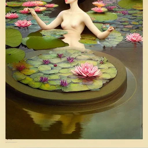 Prompt: a painting of a woman floating in a pond of water lillies, a fine art painting, by liu jun, cgsociety, deviantart, pre - raphaelitism, figurative art, magical realism, detailed painting, made of flowers