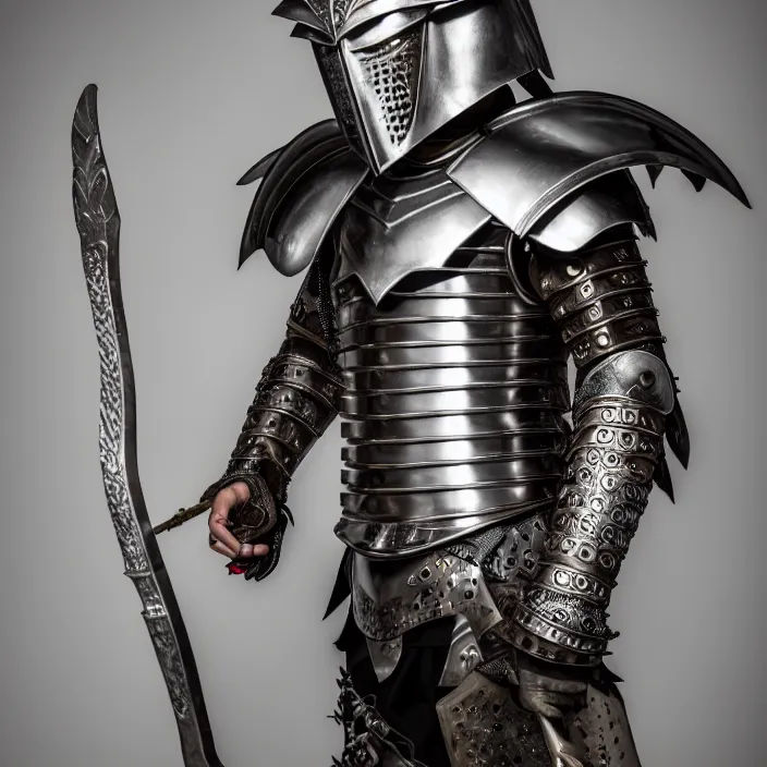 Image similar to full length portrait photograph of a warrior with metal owl armour Extremely detailed. 8k