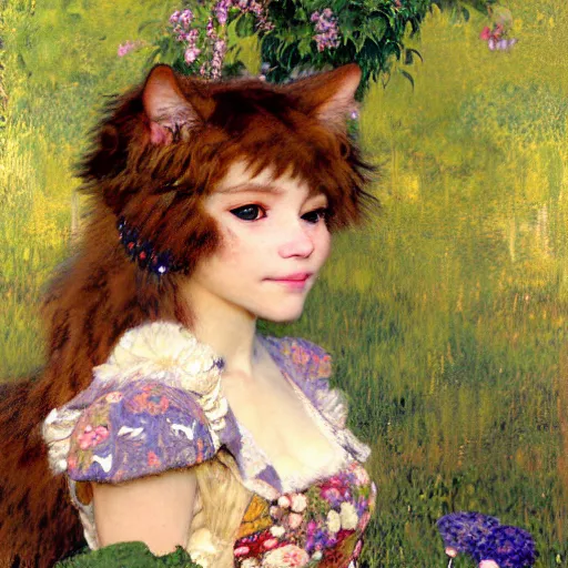 Prompt: portrait of a furry fluffy female tabby cat in a cute floral dress. 1 9 th century furaffiniy fantasy highly detailed painting by gaston bussiere craig mullins jc leyendecker gustav klimt artgerm greg rutkowski john berkey, bergey, craig mullins, ruan jia, raymond swanland, jeremy mann, tom lovell, alex malveda