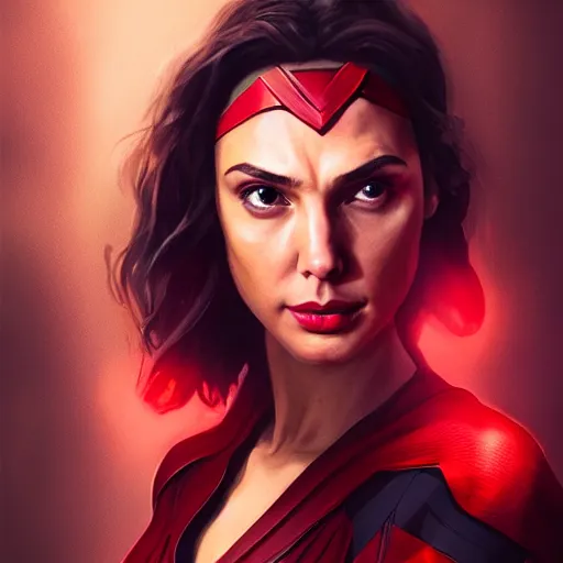 Image similar to a potrait of Gal Gadot as Scarlet witch by Greg Rutkowski, Sung Choi, Mitchell Mohrhauser, Maciej Kuciara, Johnson Ting, Maxim Verehin, Peter Konig, 8k photorealistic, cinematic lighting, HD, high details, dramatic, trending on artstation, full body shot