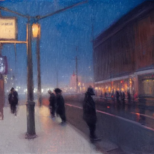 Prompt: a some people waiting in a lone bus stop in quiet dark city night, high quality, high resolution,detailed, by Jeremy Lipking evocative