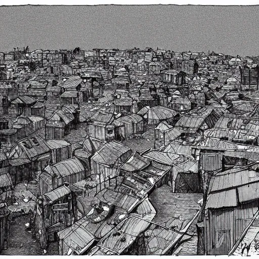 Prompt: slums in south africa, drawing by moebius