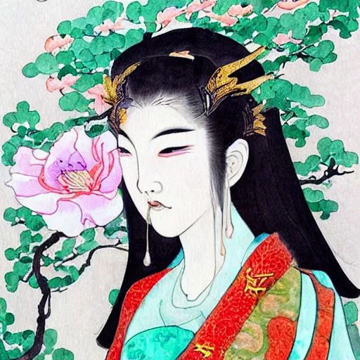 Image similar to Elfin goddess in the style of Chinese watercolor,