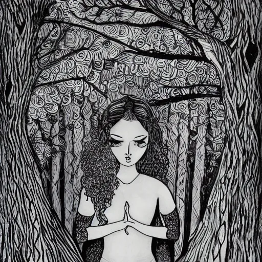 Prompt: goddess of the forest, ink drawing, black ink illustration, by a very talented artist, award winning, intricate detail, mysterious