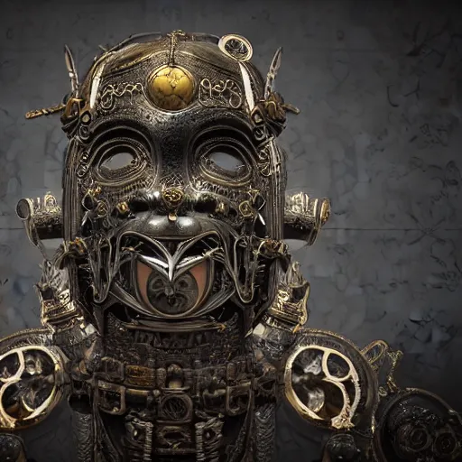 Prompt: an ominous dark ancient mask. hyper - detailed. steampunk baroque. symmetric. epic. unreal render.