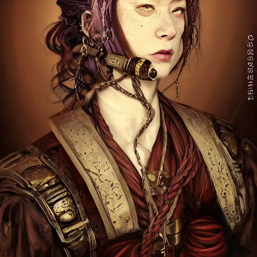 Image similar to portrait of a Shibari rope wrapped face and neck, headshot, insanely nice professional hair style, dramatic hair color, digital painting, of a old 17th century, old cyborg merchant, amber jewels, baroque, ornate clothing, scifi, realistic, hyperdetailed, chiaroscuro, concept art, art by Franz Hals and Jon Foster and Ayami Kojima and Amano and Karol Bak,