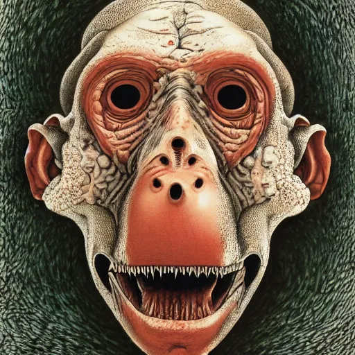 Prompt: measles on a deformed hideous pustule covered monkey, sores, bumps, skin wounds, surface hives, growths, horror, fantasy, highly detailed, by Dan Hillier and Ernst Haeckel