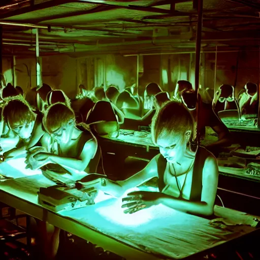 Prompt: evil souls being produced in surreal sweatshop under fluorescent light hell, advanced, photorealistic, realistic, dramatic lighting, fantastic reality, by stefan bakałowicz, 8 k resolution