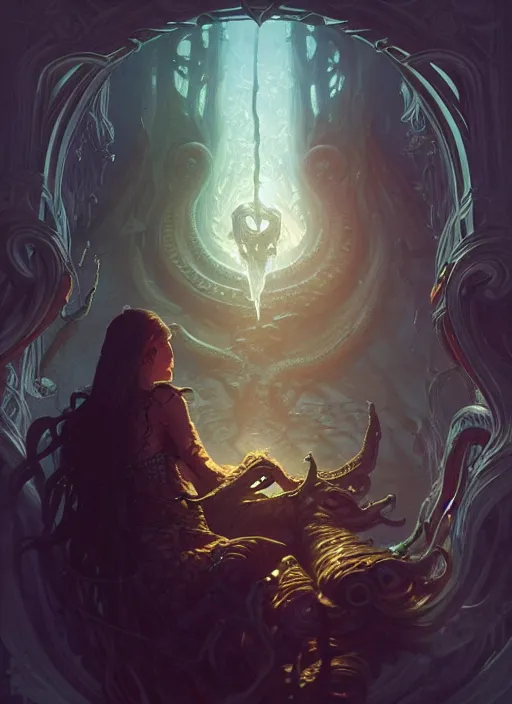 Image similar to lovecraftian atmosphere, deep focus, d & d, fantasy, intricate, elegant, highly detailed, digital painting, artstation, concept art, matte, sharp focus, illustration, hearthstone, art by artgerm and greg rutkowski and alphonse mucha