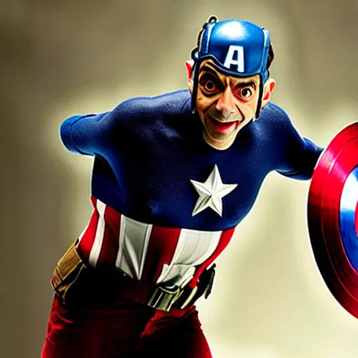 Image similar to mr. bean as captain america in the avengers movie. movie still. cinematic lighting.