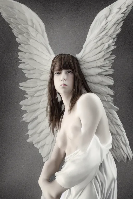 Prompt: wide angle portrait of a pure white angel subjugated to hate. One of the wings is black. dark fantasy, photoreal, octane render