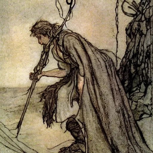 Prompt: Odysseus strings his bow, illustrated by Arthur Rackham, haunting, dreamlike