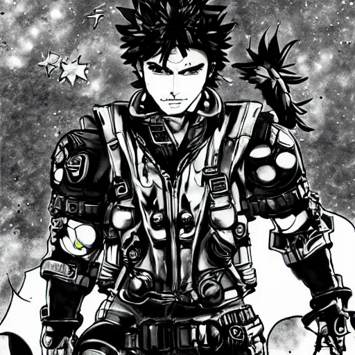 Prompt: Joseph Joestar stands on the moon, manga art, Yoji Shinkawa, Ink style