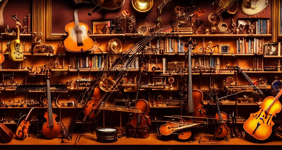 Image similar to a shelf of amazing magical musical instruments, cinematic lighting, detailed, beautiful colors, ornate, by greg rutowski and wlop 4 k