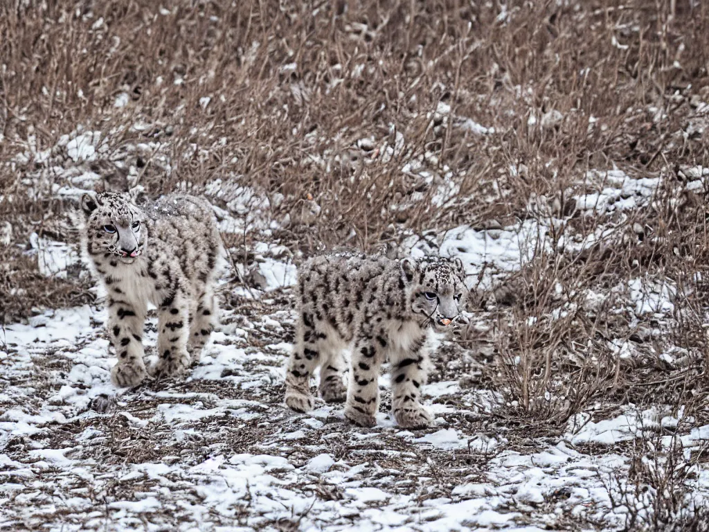 Prompt: A photograph of a baby snow leopard walking in the snow .560mm,ISO400,F/9,1/320,Canon EOS 7D Mark II.