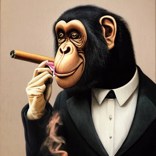 Image similar to a high detail photo of an antropomorphic chimp wearing a suit smoking a cigarrette, subject= chimp, subject detail: wearing a suit, subject action: smoking a cigarrette photorealism