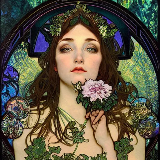 Prompt: realistic detailed face portrait of Audrey Plaza as GAIA by Alphonse Mucha, Ayami Kojima, Amano, Greg Hildebrandt, Art Nouveau, Neo-Gothic, gothic, blues, greens and gold