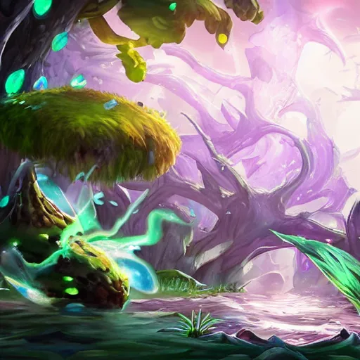 Image similar to beatiful art league of legends splash art of a frog in a swamp