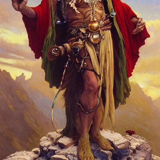 Image similar to an ultradetailed portrait of robin williams dressed as an djinn druid, standing heroically on top of a cliff, d & d, fantasy, intricate, elegant, highly detailed, digital painting, matte, sharp focus, illustration, god rays, art by john collier and albert aublet and krenz cushart and artem demura and alphonse mucha