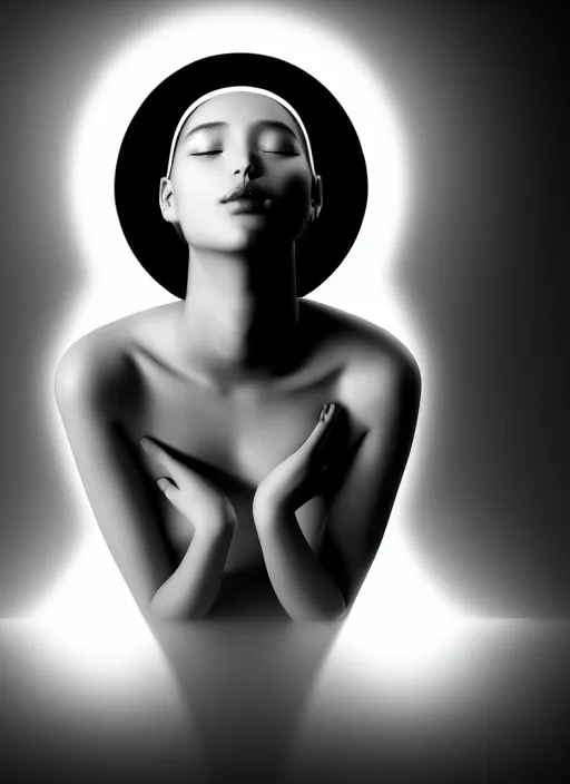 Image similar to surreal mythical dreamy dark artistic black and white fine art fashion portrait photo of a young beautiful delicate female ai giving birth to the new world, spiritual, halo, glory, rim light, cinematic, studio dramatic light, poetic, masterpiece, octane render, 8 k, photo - realistic by dora maar man ray