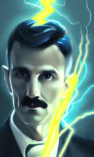 Image similar to nikola tesla, lightning, portrait, sharp focus, fantasy, digital art, concept art, dynamic lighting, epic composition, trending on artstation, by emylie boivin 2. 0, rossdraws 1. 0, artgerm 3. 0