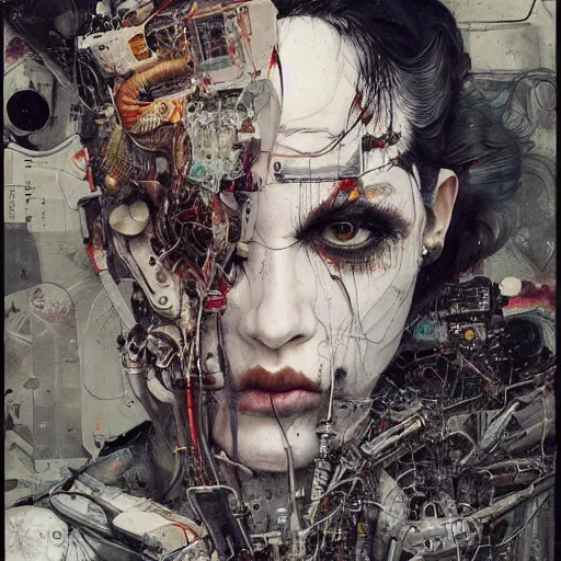 Image similar to rona mitra as a cyberpunk noir detective, skulls, wires cybernetic implants, machine noir grimcore, in the style of adrian ghenie esao andrews jenny saville surrealism dark art by james jean takato yamamoto and by ashley wood