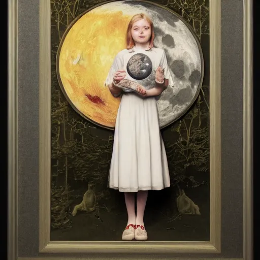 Prompt: Elle Fanning holding the moon, by Norman Rockwell, Extremely detailed. 8K. Award winning.