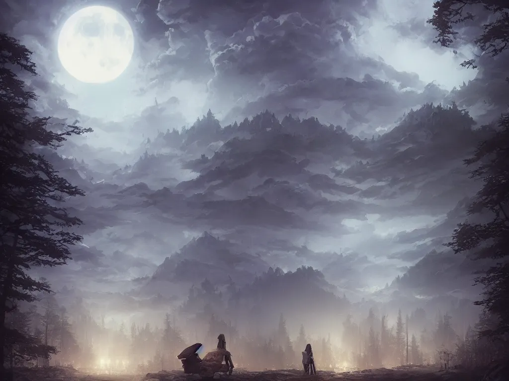 Image similar to A highly detailed matte painting of the doomsday at night, moon, forest, by Studio Ghibli, Makoto Shinkai, by Artgerm, by WLOP, by Greg Rutkowski, volumetric lighting, octane render, 4K resolution, trending on artstation, masterpiece