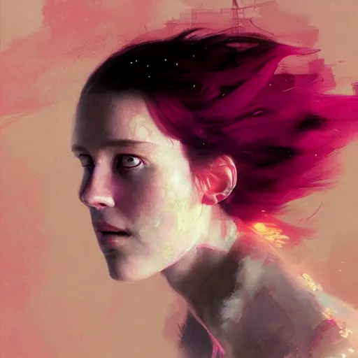 Prompt: Portrait of a tomboy with pink hair, glowing skin, fantasy, by Greg Rutkowski and Dave McKean, pink and gold color palette