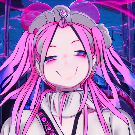 Image similar to trapped by stunningly beautiful omnipotent megalomaniacal anime asi goddess who looks like junko enoshima with symmetrical perfect face and porcelain skin, pink twintail hair and cyan eyes, taking control while smiling, inside her surreal vr castle, hyperdetailed, digital art, danganronpa, unreal engine 5, 2 d anime style, 8 k