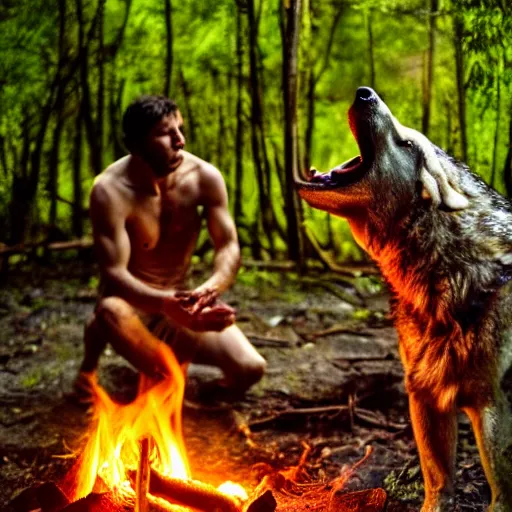 Prompt: spartan doing ayahuasca ritual with wolf and shaman at camp fire, jungle background, full moon with stars, hyper realistic award winning photographic portrait photography, dramatic cinematic lighting