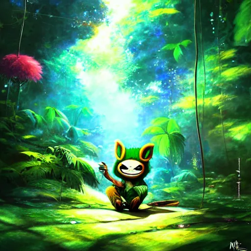 Image similar to disco diffusion painting of teemo in the jungle by makoto shinkai, masterpiece, contest award winner