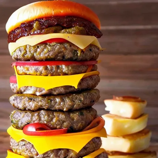 Image similar to a cheeseburger tower made of gigantic stacks of meat patties and cheese slices with a bun on each side, delicious looking burger - stack - tower